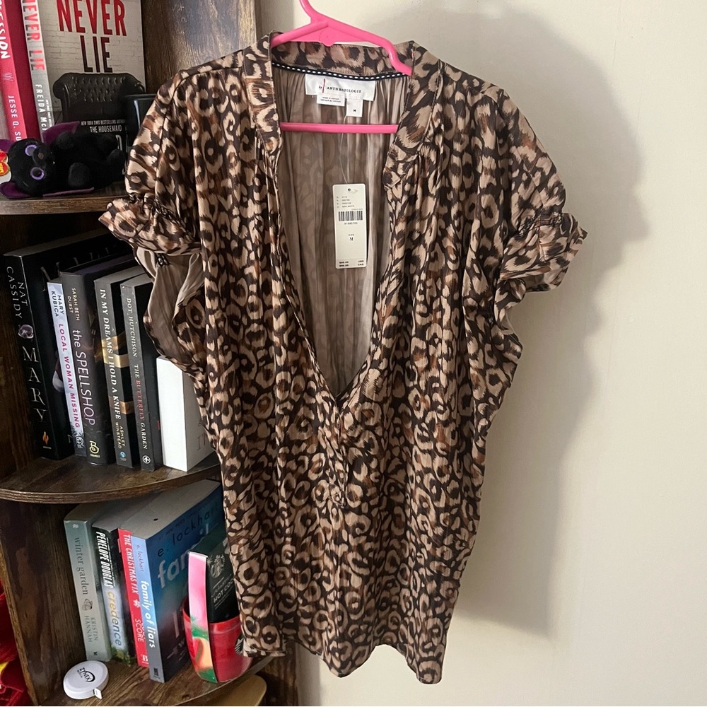 Anthropologie Brown Leopard Print V-Neck Blouse